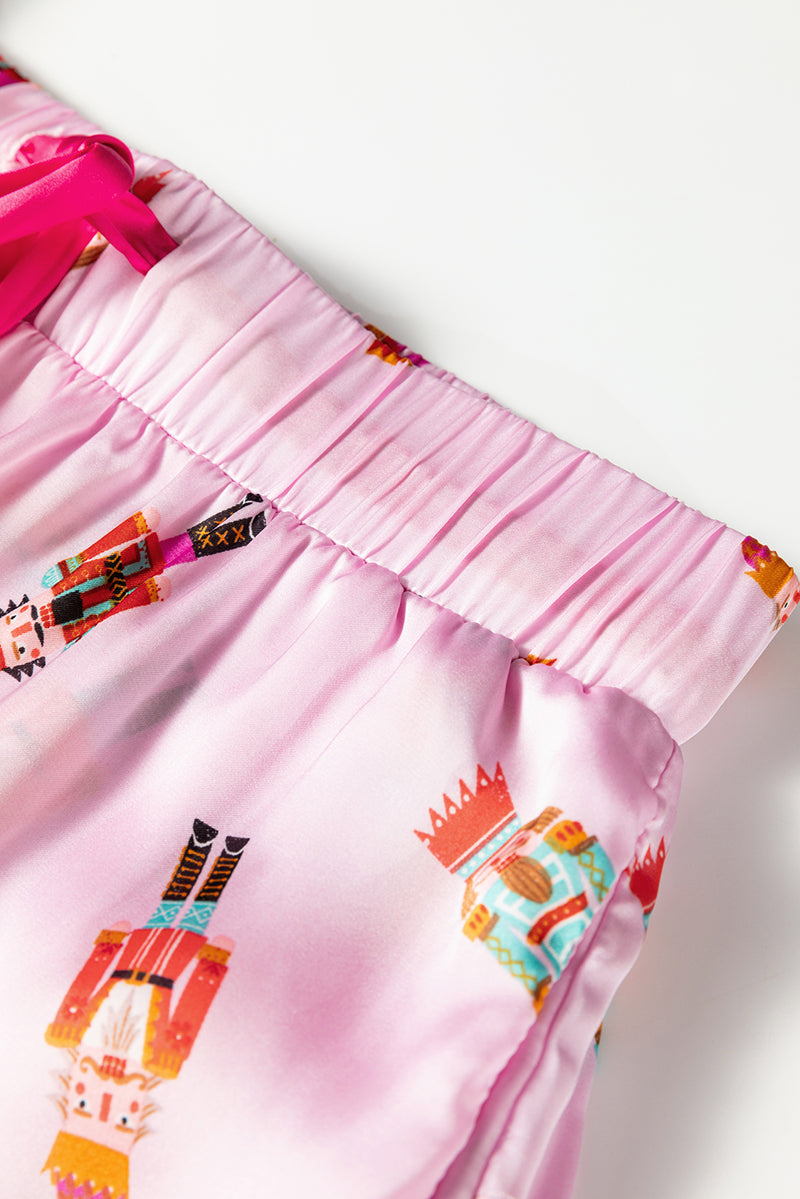 Pink Nutcracker Print Contrast Trim Bowknot Silk 2pcs Pajama Set