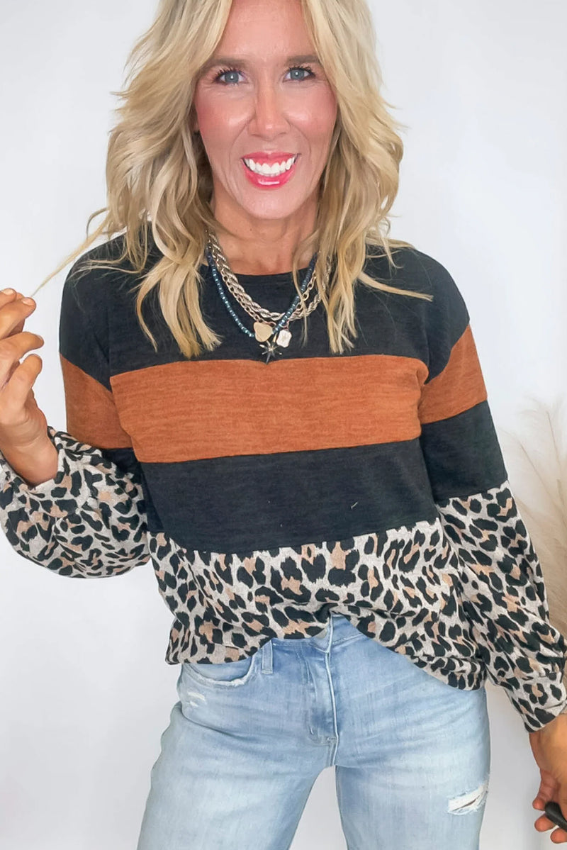 Black Leopard Colorblock Round Neck Top