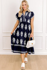 Western Ethnic Print Notched Neck Short Sleeve Midi Dress