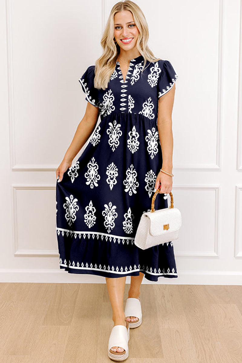 Western Ethnic Print Notched Neck Short Sleeve Midi Dress