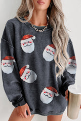 Black Santa Claus Sequins Patch Corded Christmas Graphic Sweatshirt
