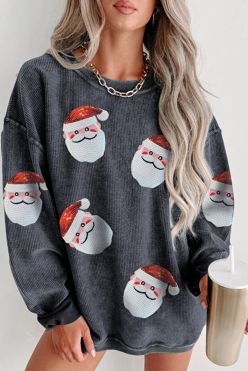 Black Santa Claus Sequins Patch Corded Christmas Graphic Sweatshirt