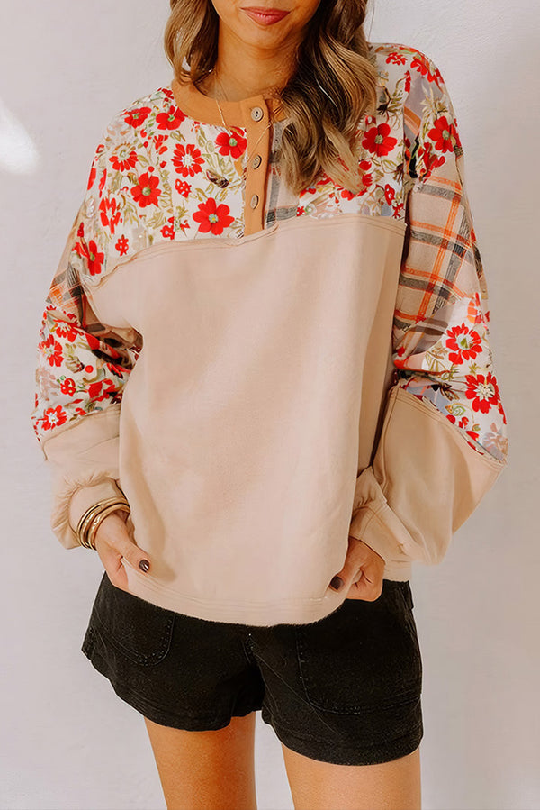 Parchment Floral Plaid Patchwork Henley Top