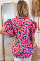 Rose Red Abstract Print Ruffle Sleeve V Neck Blouse