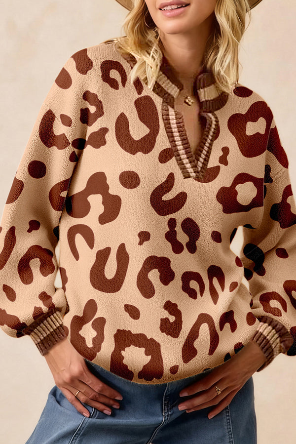 Light French Beige Leopard Printed Knit V Neck Sweater