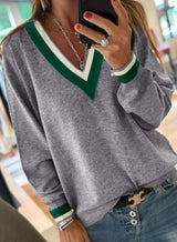 Black Contrast Striped Trim V Neck Knit Sweater