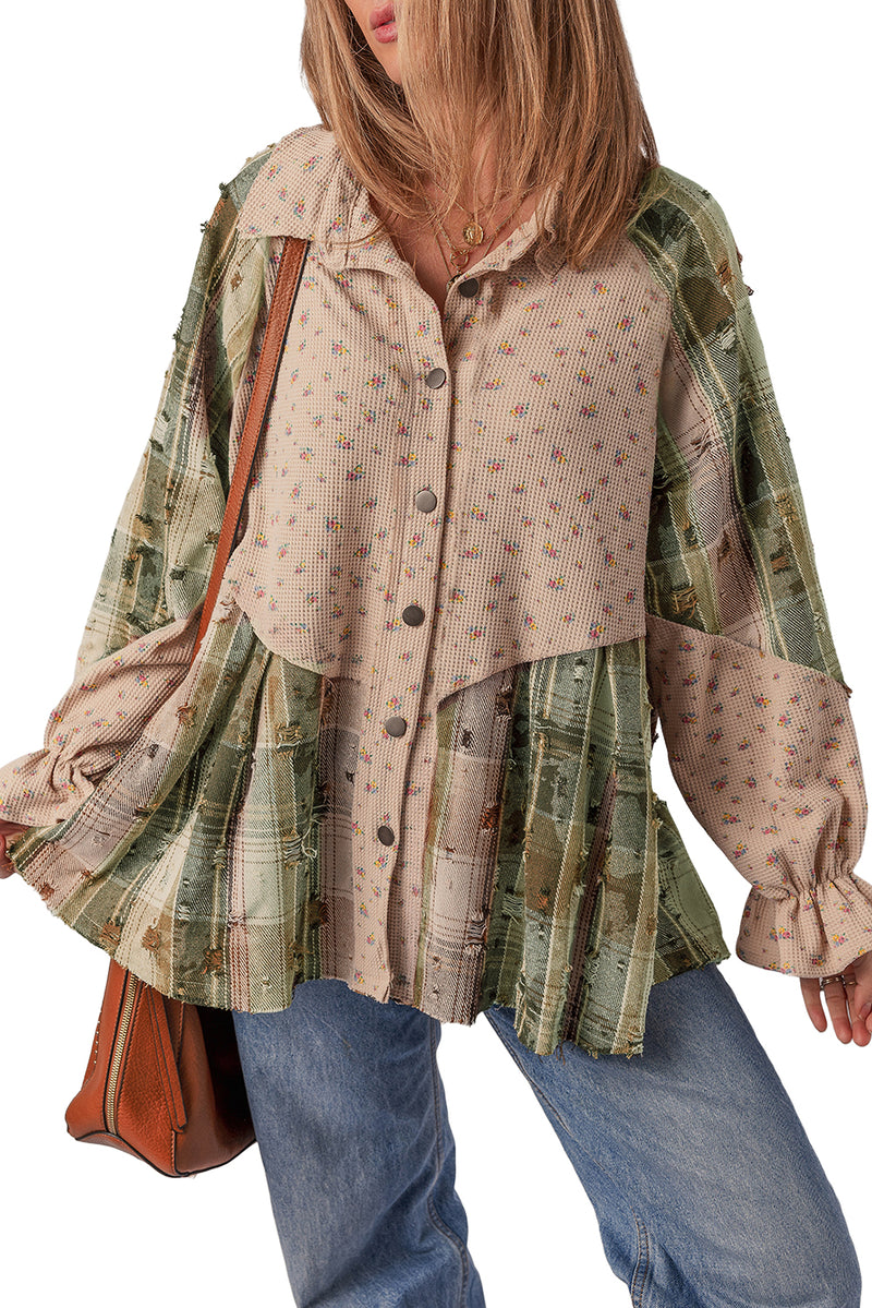 Mist Green Boho Floral Plaid Patchwork Waffle Knit Distressed Jacket
