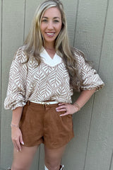 Brown Leaf Print Standing Collar Puff Sleeve Top