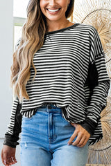 Black Stripe Patchwork Drop Shoulder Round Neck Top