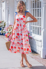 Yellow Floral Print Contrast Stitched Knot Denim Straps High Waist Dress