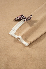 Black Leopard Bow Decor Split Cuffs Contrast Trim Sweater