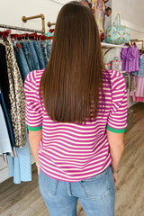 Brown Stripe Short Puff Sleeve Contrast Trim Round Neck Tee