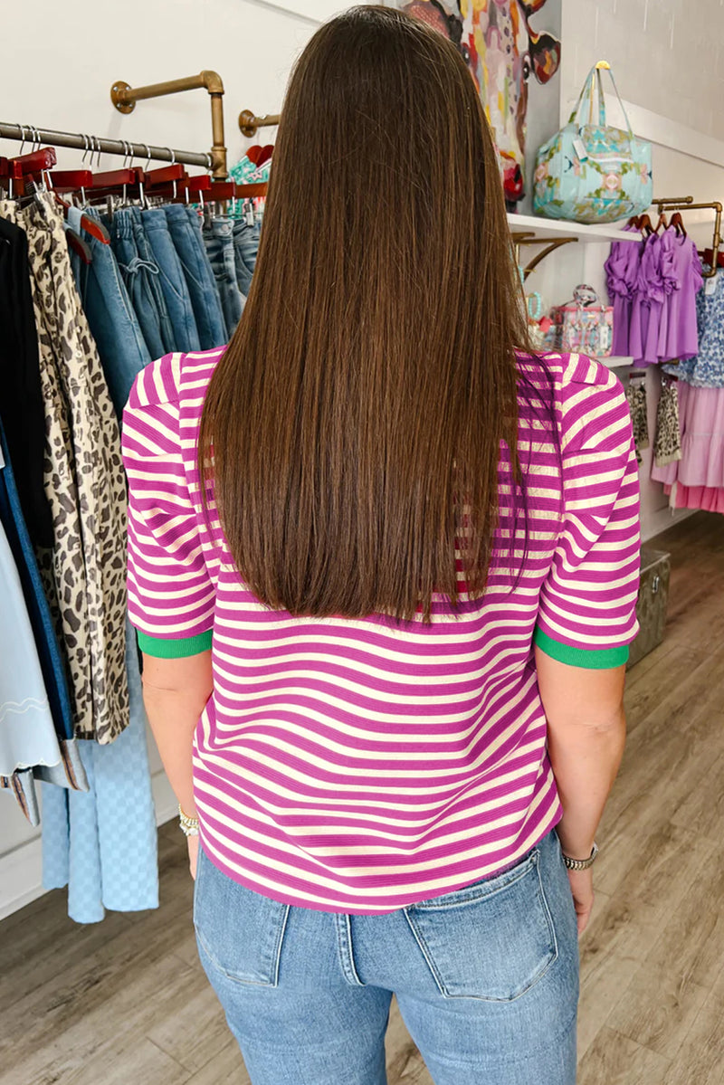 Brown Stripe Short Puff Sleeve Contrast Trim Round Neck Tee