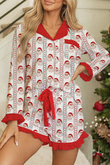 White Christmas Santa Claus Contrast Ruffle Trim Pajama Set