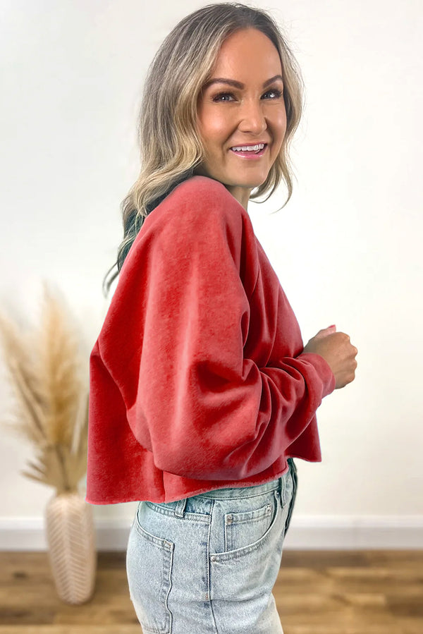Racing Red Solid Color Raglan Sleeve Pullover Sweatshirt