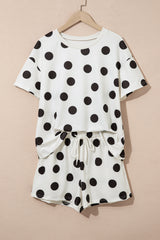 Sky Blue Polka Dot Print Loose Tee Drawstring Elastic Waist Short Set