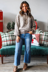 Dark Brown Plaid Contrast Trim Button Neck Sweater
