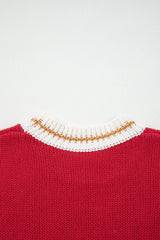 Fiery Red MERRY Pattern Colorblock Edge Drop Shoulder Cozy Sweater