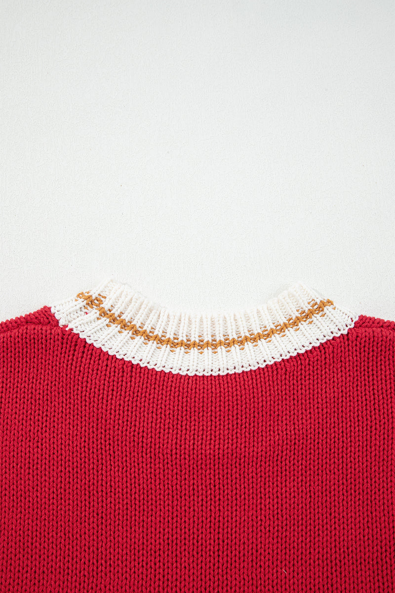 Fiery Red MERRY Pattern Colorblock Edge Drop Shoulder Cozy Sweater