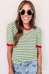 Brown Stripe Short Puff Sleeve Contrast Trim Round Neck Tee
