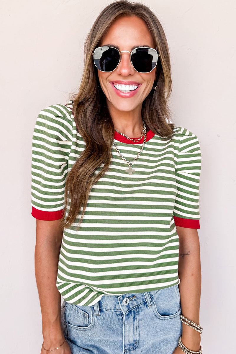 Brown Stripe Short Puff Sleeve Contrast Trim Round Neck Tee