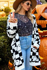 Black Halloween Plaid Ghost Pattern Mid length Knitted Cardigan