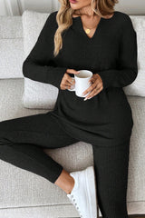 Racing Red Ribbed Notched Neck Knit Long Sleeve Leggings Two Pieces Lounge Set
