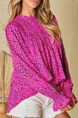 Ruched Leopard Mock Neck Long Sleeve Blouse