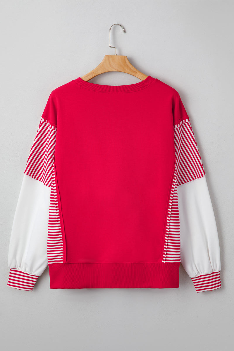 Fiery Red Striped Patchwork Sleeve Colorblock Sweatshirt
