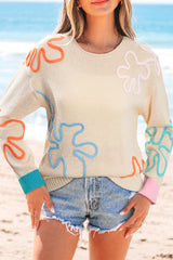 Jet Stream Contrast Flower Detail Colorblock Cuffed Loose Sweater