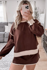 Rose Red Contrast Trim Loose Pullover and Lace-up Waist Skirt Set