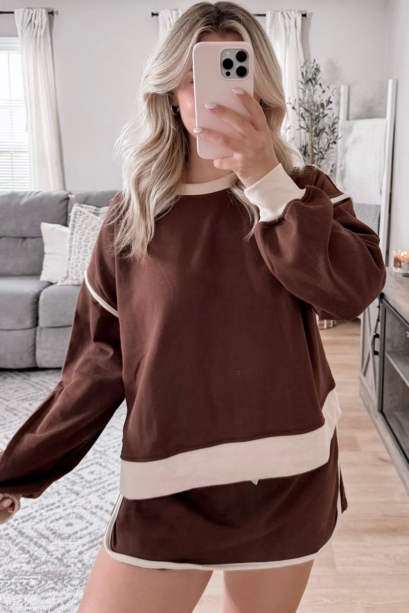 Rose Red Contrast Trim Loose Pullover and Lace-up Waist Skirt Set