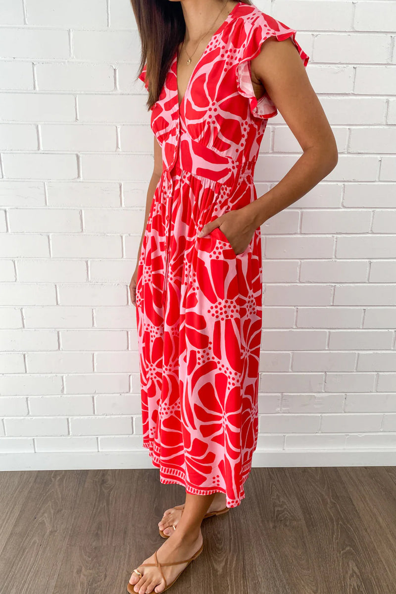 Red Boho Floral V-Neck Ruffle Shoulder Maxi Dress