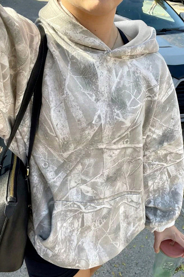 Gray Abstract Print Kangaroo Pocket Oversized Hoodie