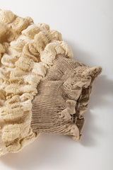Beige Textured Frill Trim Smocked Puff Sleeve T Shirt