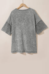 Strawberry Pink Mineral Wash Drop Sleeve Patchwork Plus Size Tee