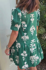 Black Frilled V Neck Puff Short Sleeve Floral Mini Dress