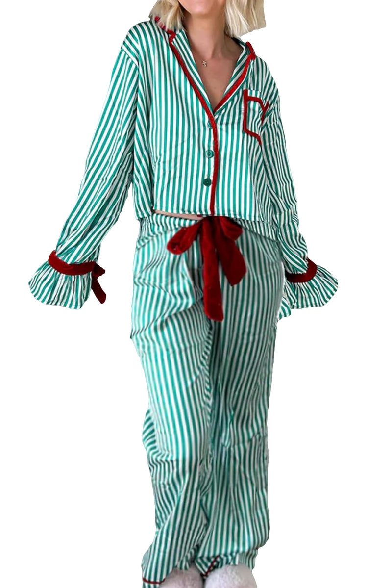 Red Striped Contrast Velvet Trim Knot Waist Pajama Set