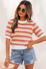 Rose Red Abstract Striped Knit Short Sleeve Sweater