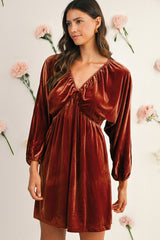 Clay Elastic V Neck Puff Sleeve Flowy Velvet Dress