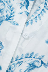 Sky Blue Plus Size Geometric Floral Print Button Split Neck Short Sleeve Maxi Dress