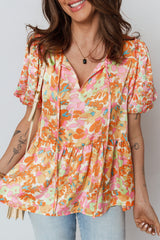 Orange Split V Neck Short Sleeve Flower Blouse