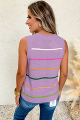 Green Stripe Round Neck Knitted Sweater Tank