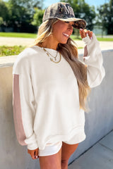 White Colorblock Patchwork Drop Shoulder Pullover Casual Shorts Outfit