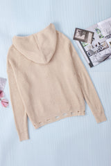 Distressed Zip Up Drawstring Hooded Cardigan