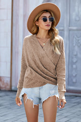 Grey Wrap Deep V-neck Casual Long Sleeve Knit Sweater