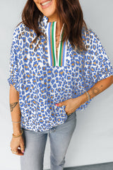 Sky Blue Leopard Color Block Contrast Striped V Neck Half Sleeve Loose Fit Blouse