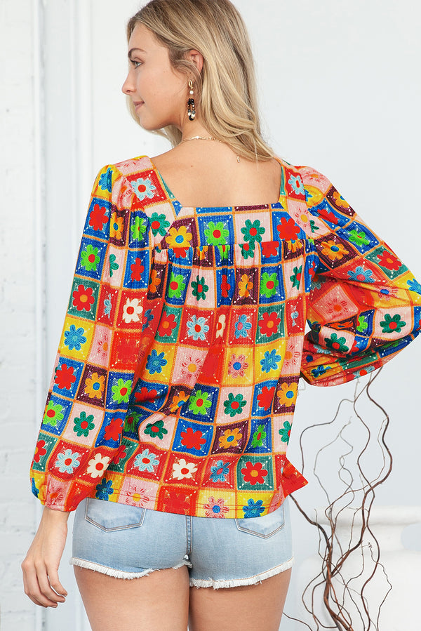 Multicolor 60s Flower Pattern Lantern Sleeve Square Neck Top