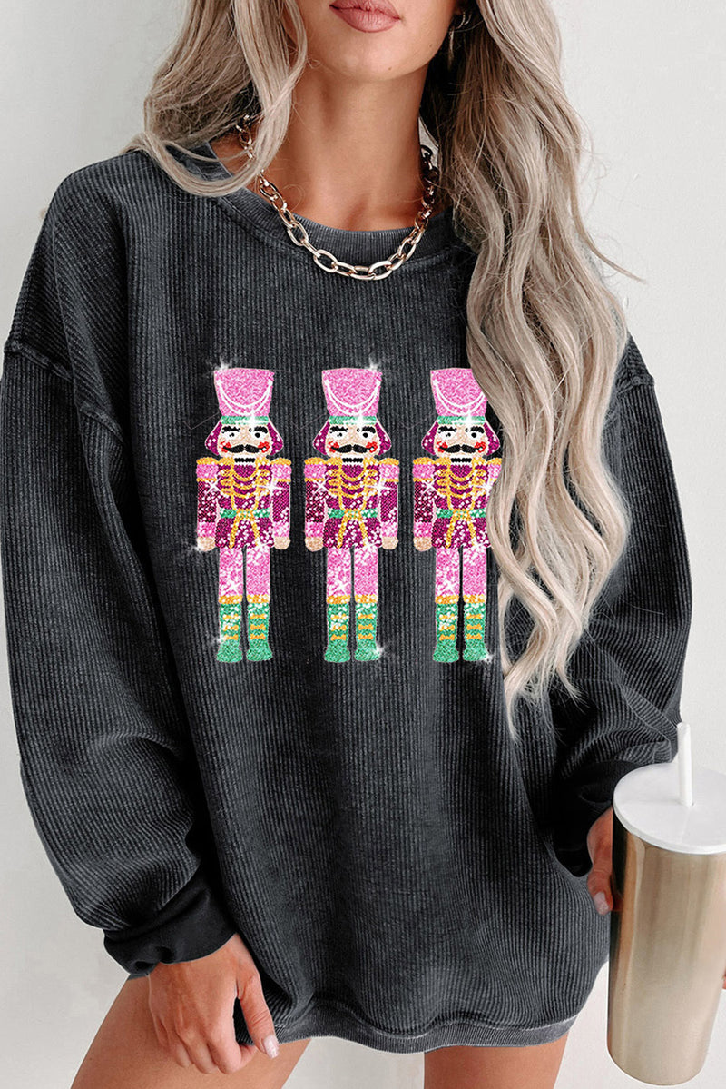 Pink Nutcracker Graphic Sequins Patch Mineral Wash Corded Sweatshirt