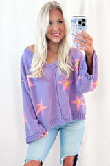 Lavendula Brushed Star Graphic V Neck Drop Shoulder Oversize Sweater